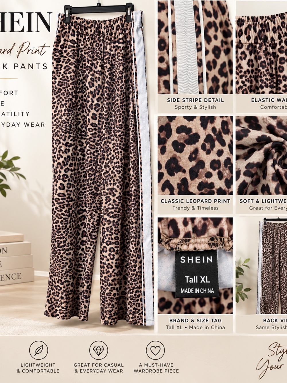 SHEIN Beige Leopard Print Wide-Leg Pants with White Side Stripe